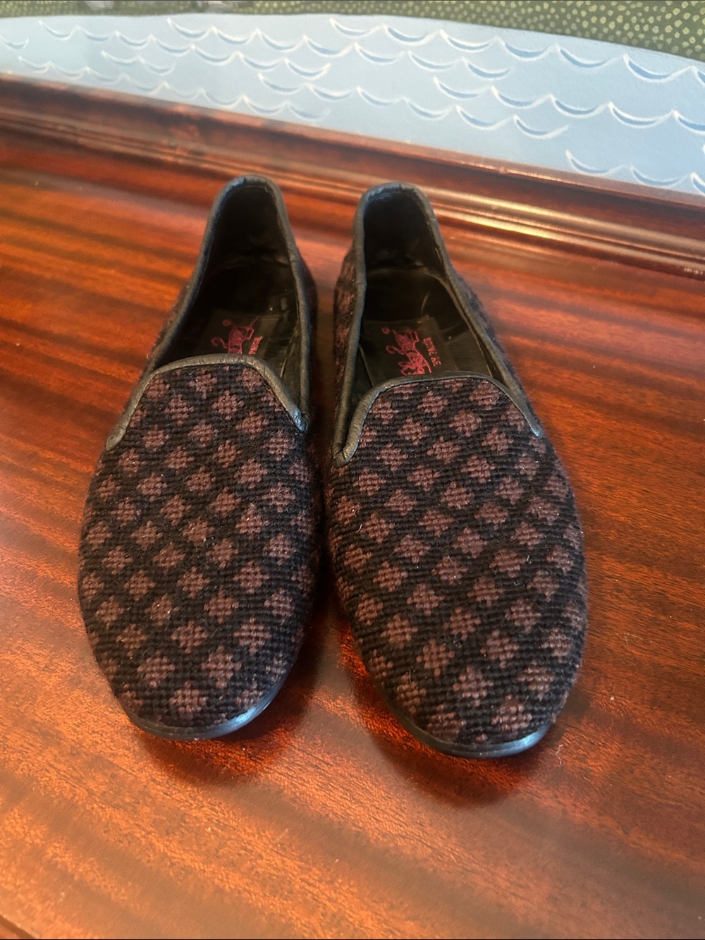 By Paige Brown and Black Needlepoint slip on. Size 9. Excellent used condition.